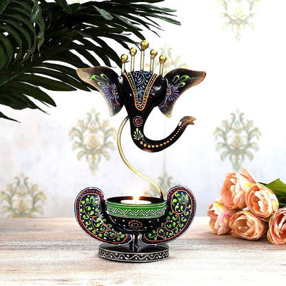 Multicolour Ganesha Tea Light Holder – black Ganesha holder in a styled setting