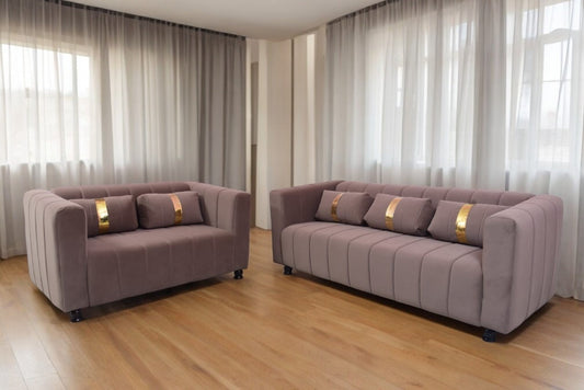 3+2 Seater Velvet Sofa Set – three-seat and two-seat sofas in a living room