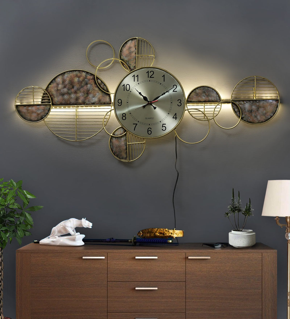 Metal Wall Art Clock with LED – circular metal wall clock with lighting on
