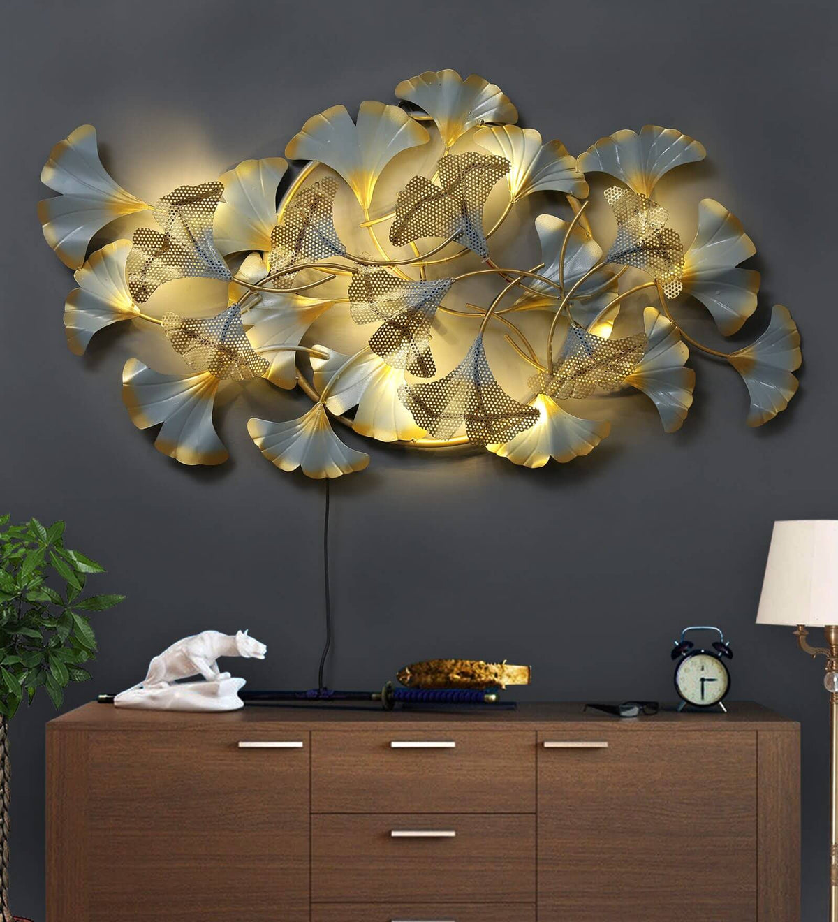 Water Lily Metal Wall Art with LED – layered leaves and rings with lighting on