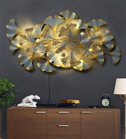Water Lily Metal Wall Art with LED – layered leaves and rings with lighting on