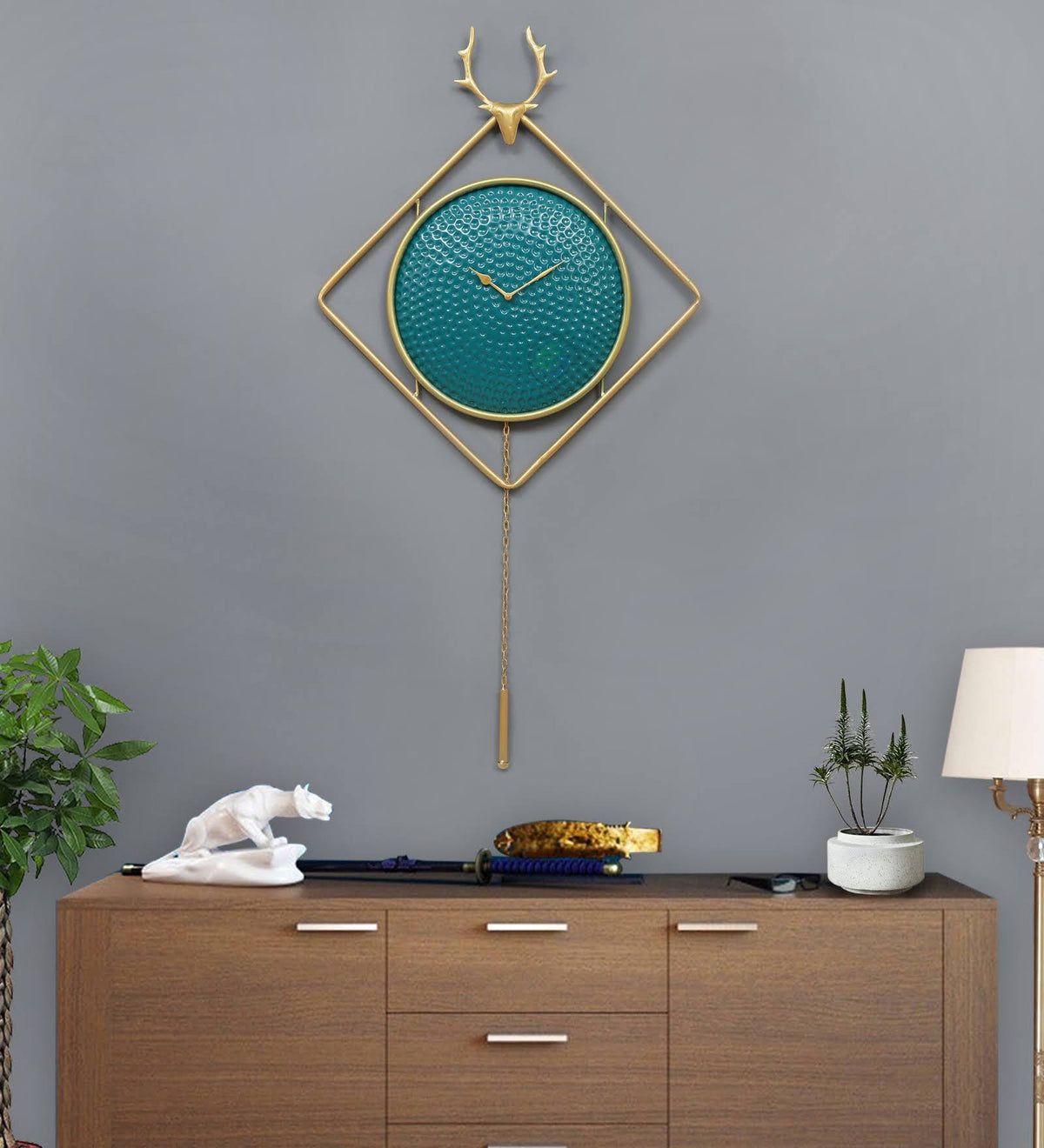 Gold & Sky Blue Metal Wall Clock – teal clock in a gold diamond-shaped frame