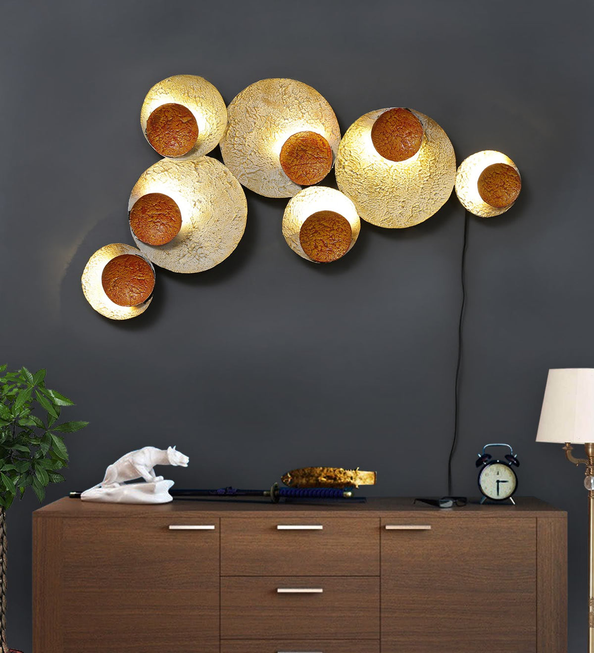 Seven-Plate Metal Wall Art with LED – seven decorative plates with lighting on