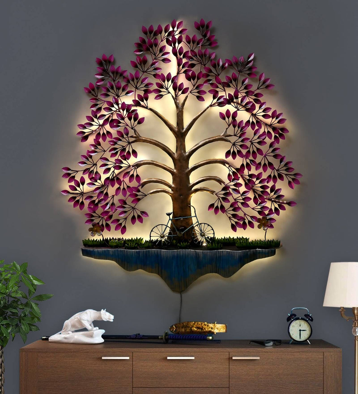Pesto Tree Metal Wall Art with LED – pink-leaf tree with lighting on