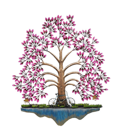 Pesto Tree Metal Wall Art with LED – front view of pink-leaf tree on white