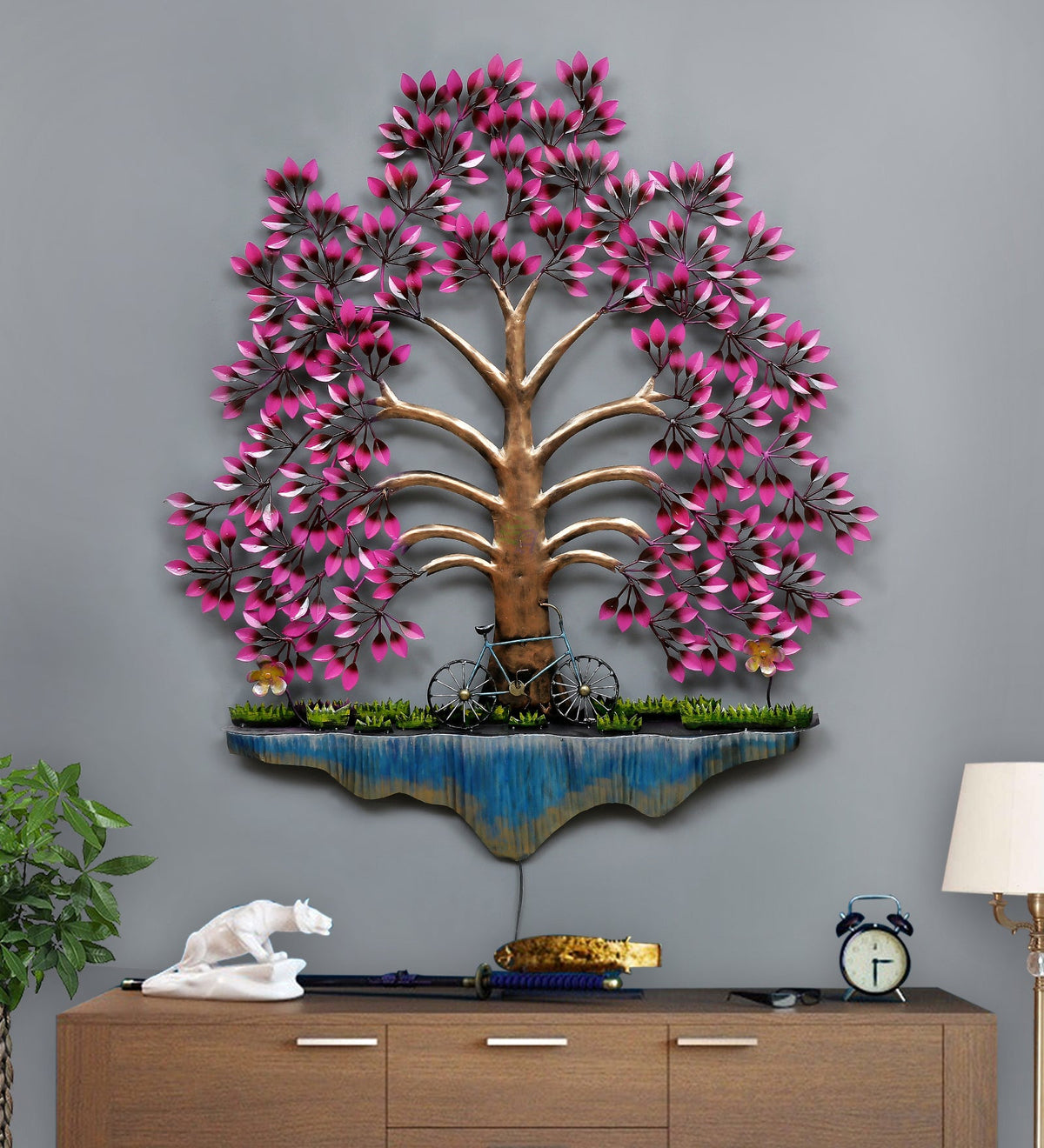 Pesto Tree Metal Wall Art with LED – pink-leaf tree with lighting off