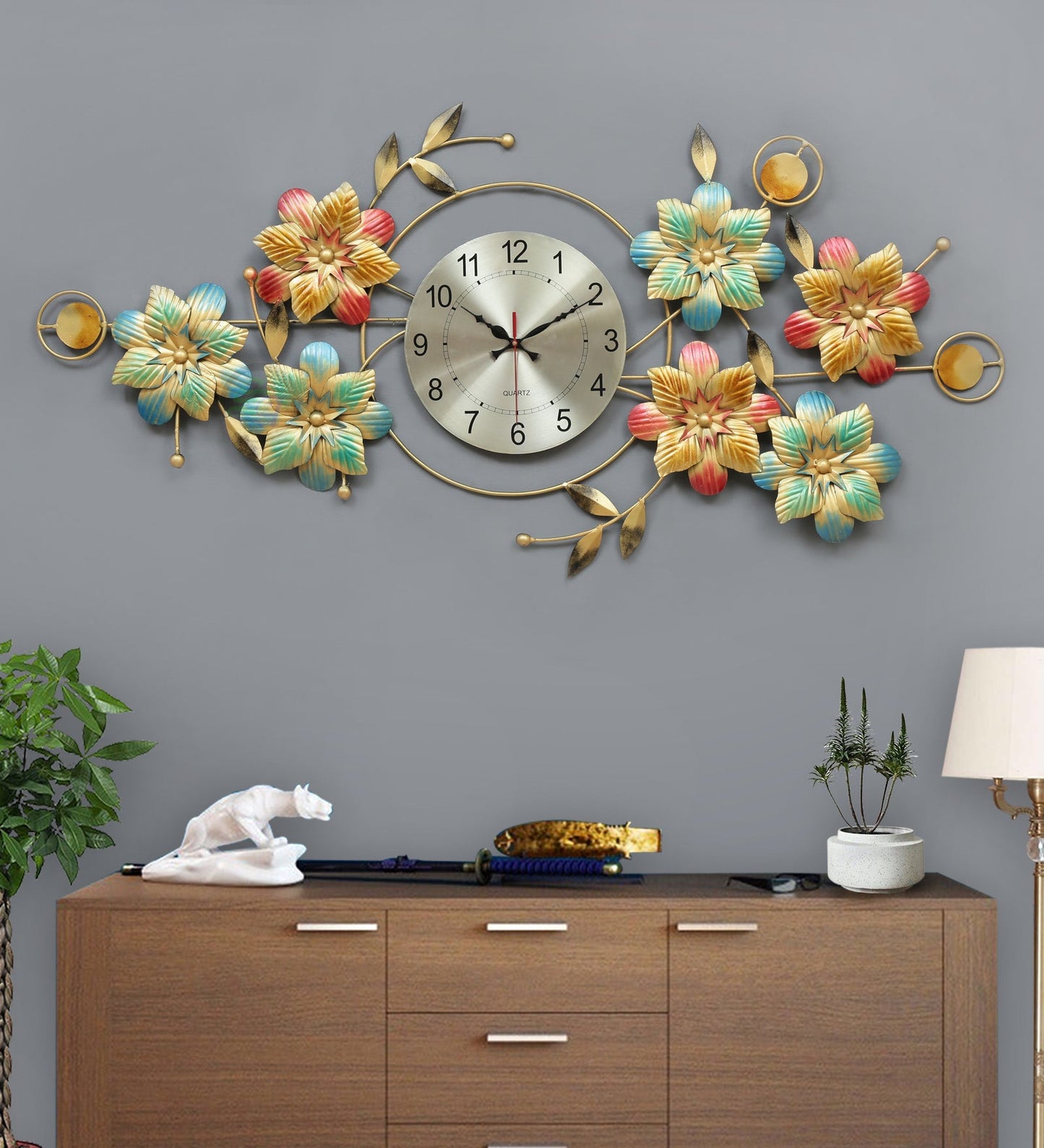 Flowers Wall art Design With - clock