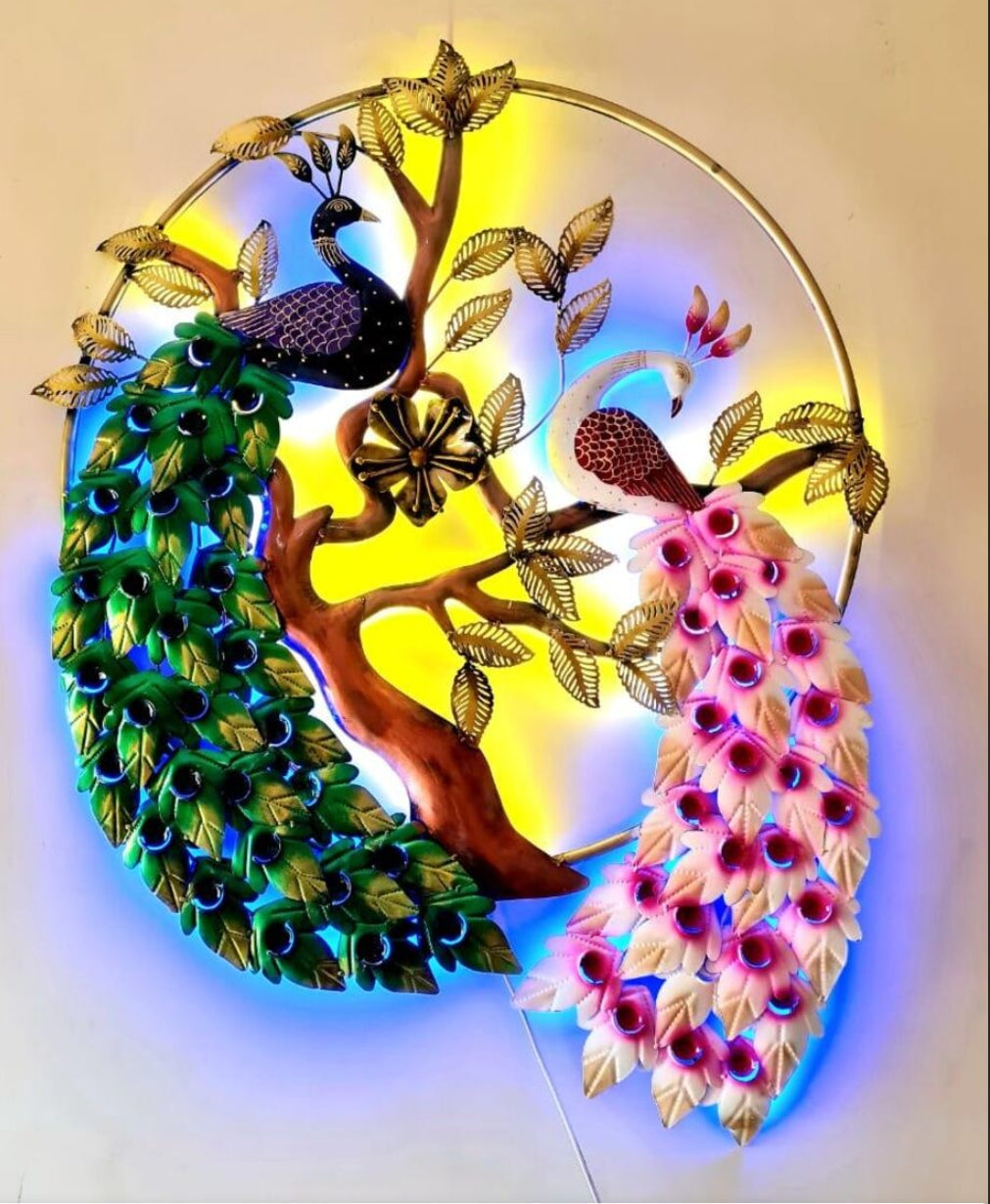 Peacock Couple Metal Wall Art with LED – multicolour peacock pair with lighting on