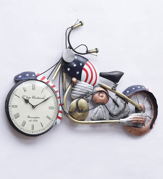 US Bike Metal Wall Art with Clock – front view showing motorcycle and clock face