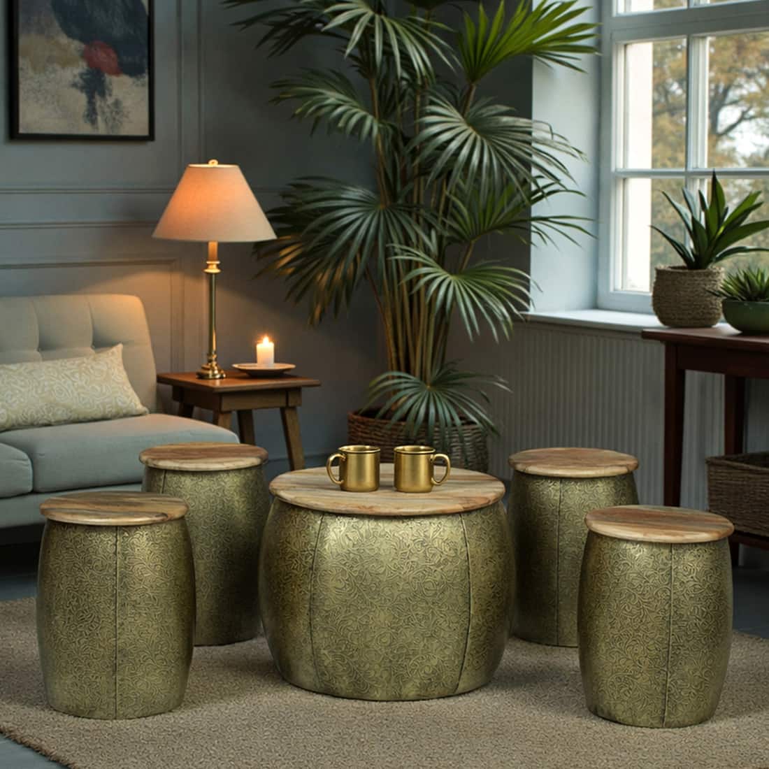 Imperial Artisan Coffee Table with 4 Stools – Set of 5 – product view