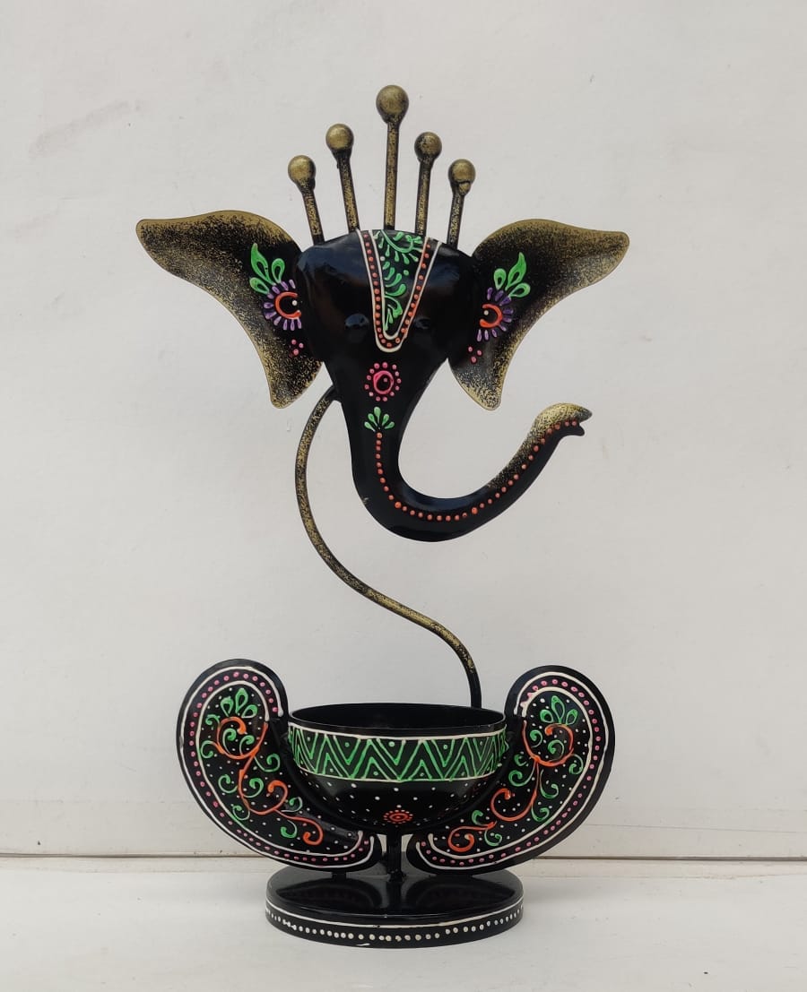 Multicolour Ganesha Tea Light Holder – black Ganesha holder on a plain background