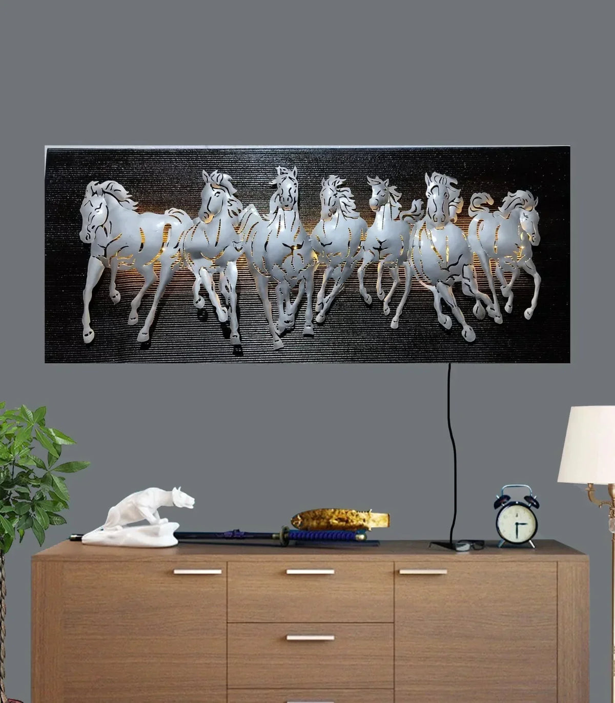Silver Horse Metal Wall Panel with LED – silver horse panel displayed above a console