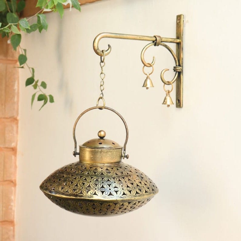 Gold Wall Décor Tea Light Holder – hanging perforated lantern with wall bracket