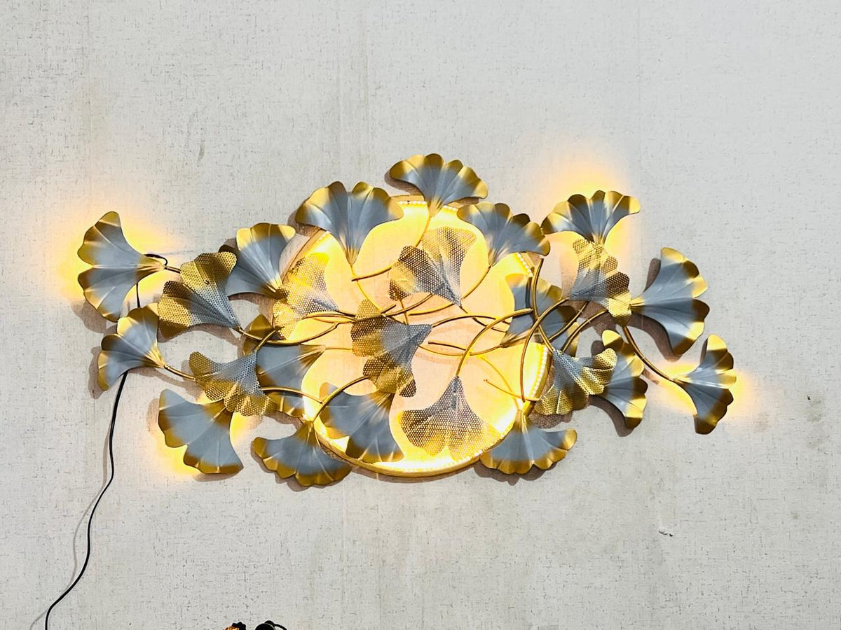Water Lily Metal Wall Art with LED – illuminated wall art on a plain wall