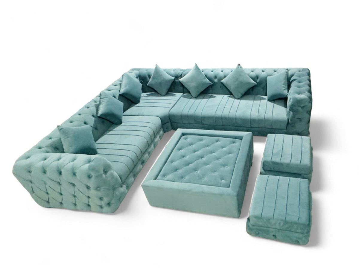 Blue Velvet Sofa Set with Table & Ottomans – full sofa set from the front