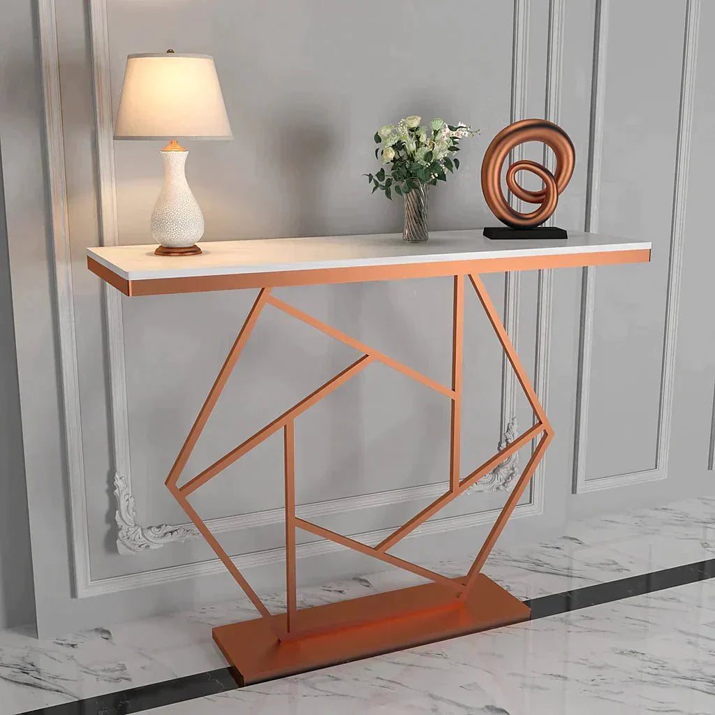 Copper-Finish Marble Console Table – angled view of copper-finish frame