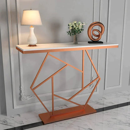 Copper-Finish Marble Console Table – angled view of copper-finish frame