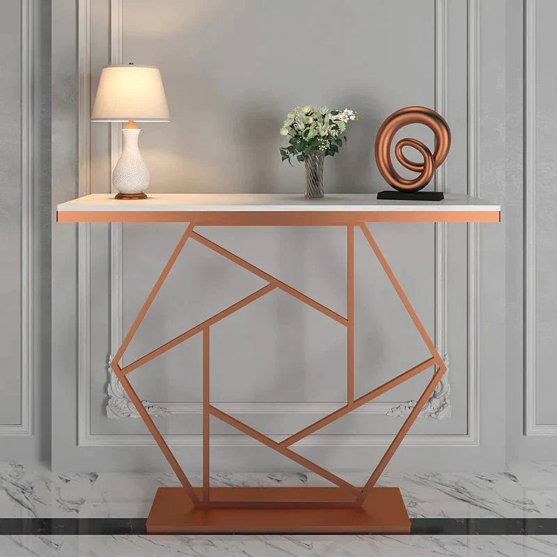 Copper-Finish Marble Console Table – styled white-top console with geometric base