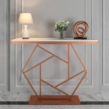 Copper-Finish Marble Console Table – styled white-top console with geometric base