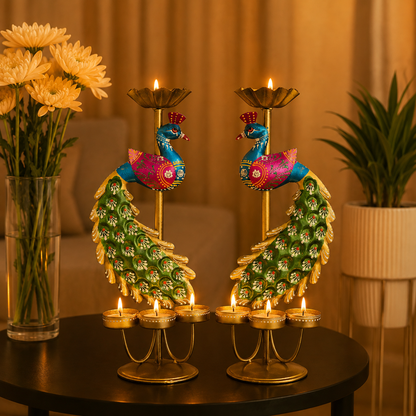 Handcrafted Mayil Vilakku T-Light Holder Set for Festive Decor & Gifting