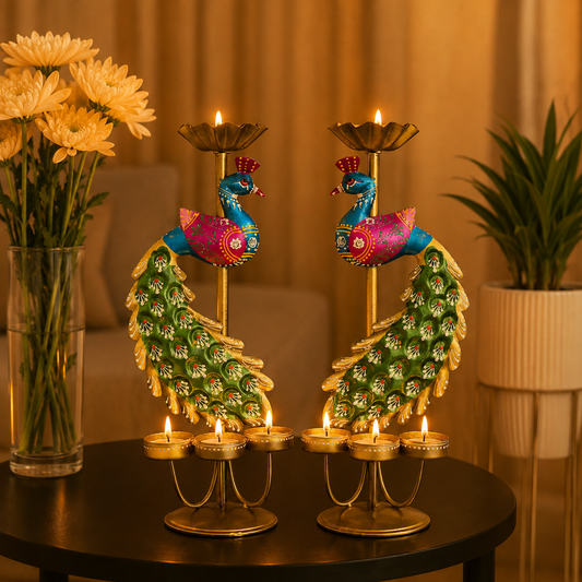 Handcrafted Mayil Vilakku T-Light Holder Set for Festive Decor & Gifting