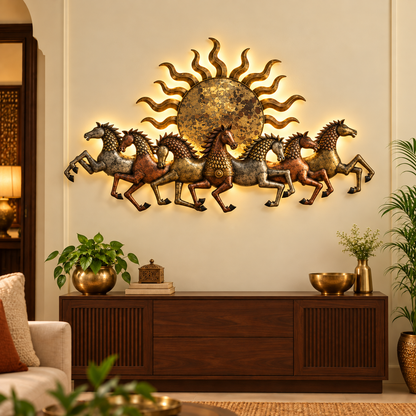 7 Running Horses Metal Wall Art with LED – 48 × 30 Inches