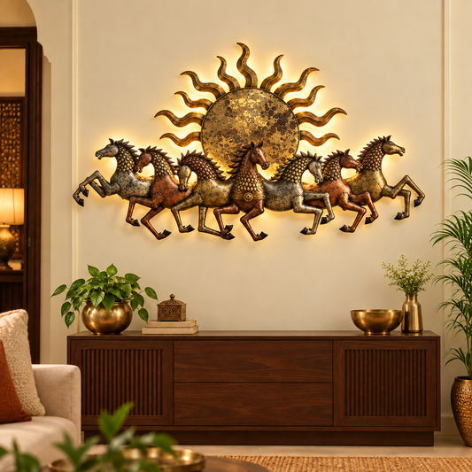 7 Running Horses Metal Wall Art with LED – 48 × 30 Inches