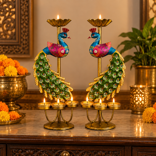 Handcrafted Peacock Mayil Vilakku Tea Light Holders – Set of 2, Multicolour