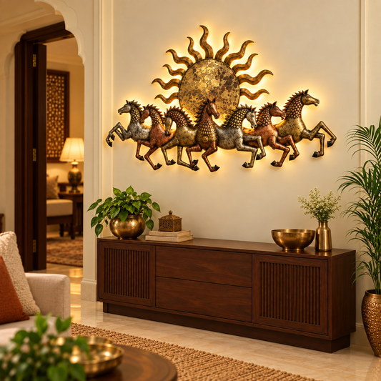 7 Running Horses Metal Wall Art with LED – 48 × 30 Inches