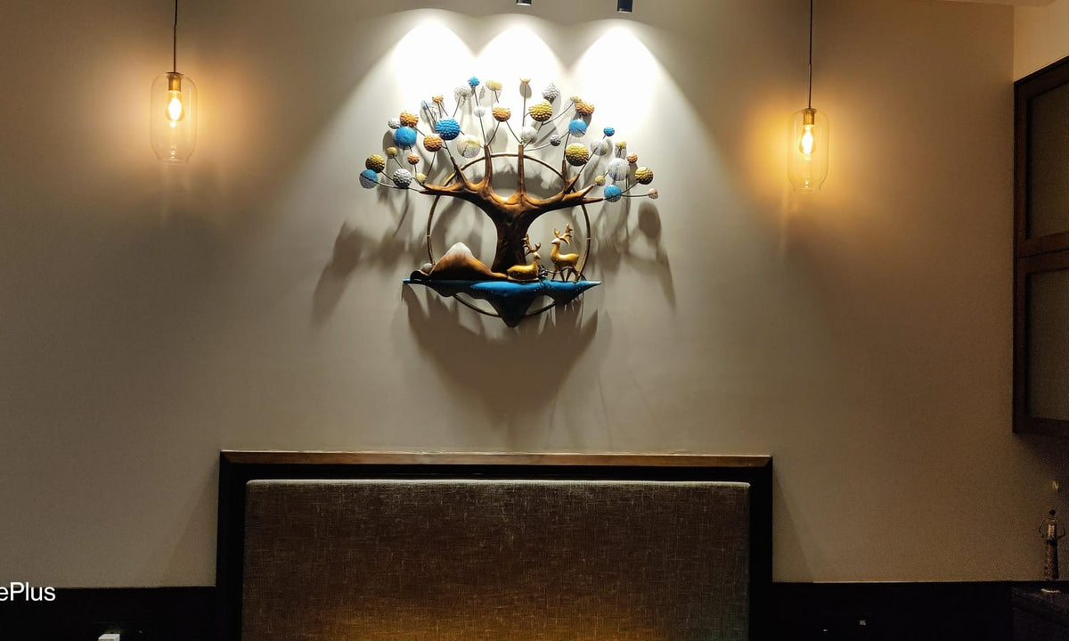 Deer Tree Wall Décor with Lighting – installed wall art above a dining area