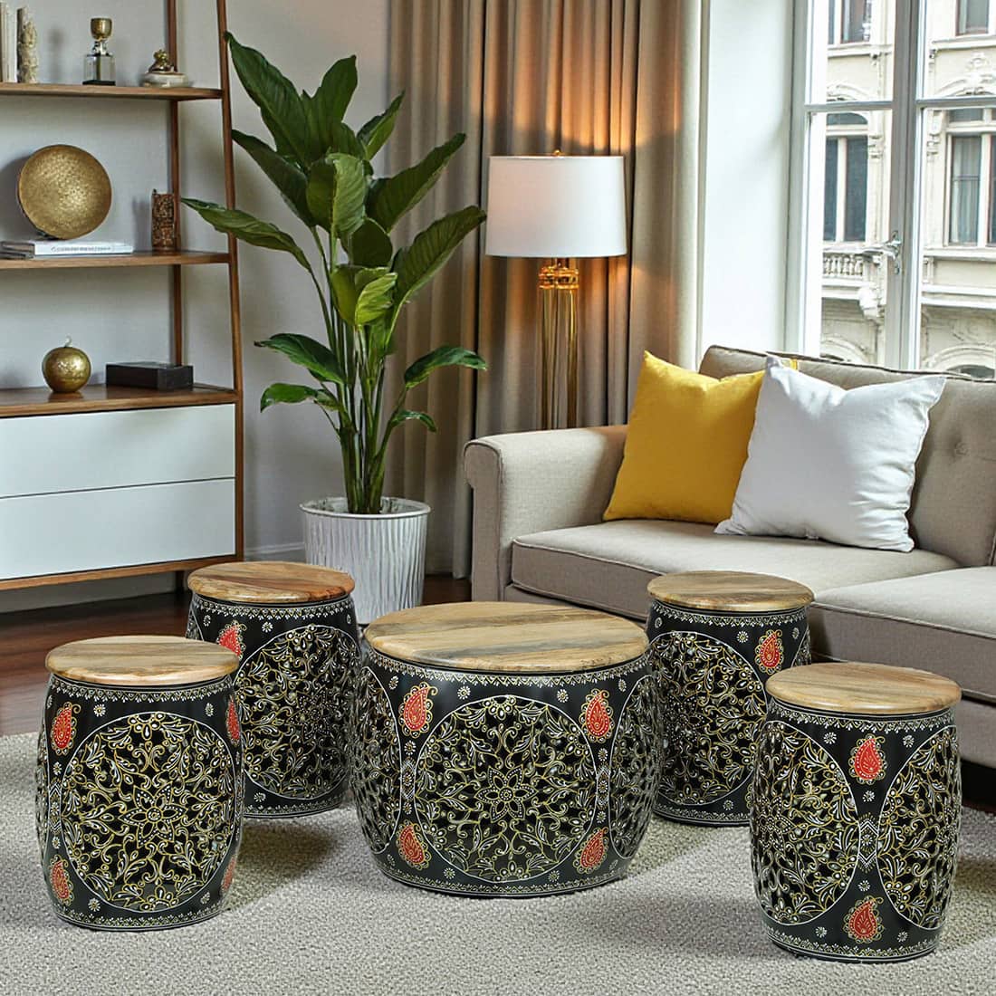 Ethnic Painted Coffee Table with 4 Stools – Set of 5 – product view