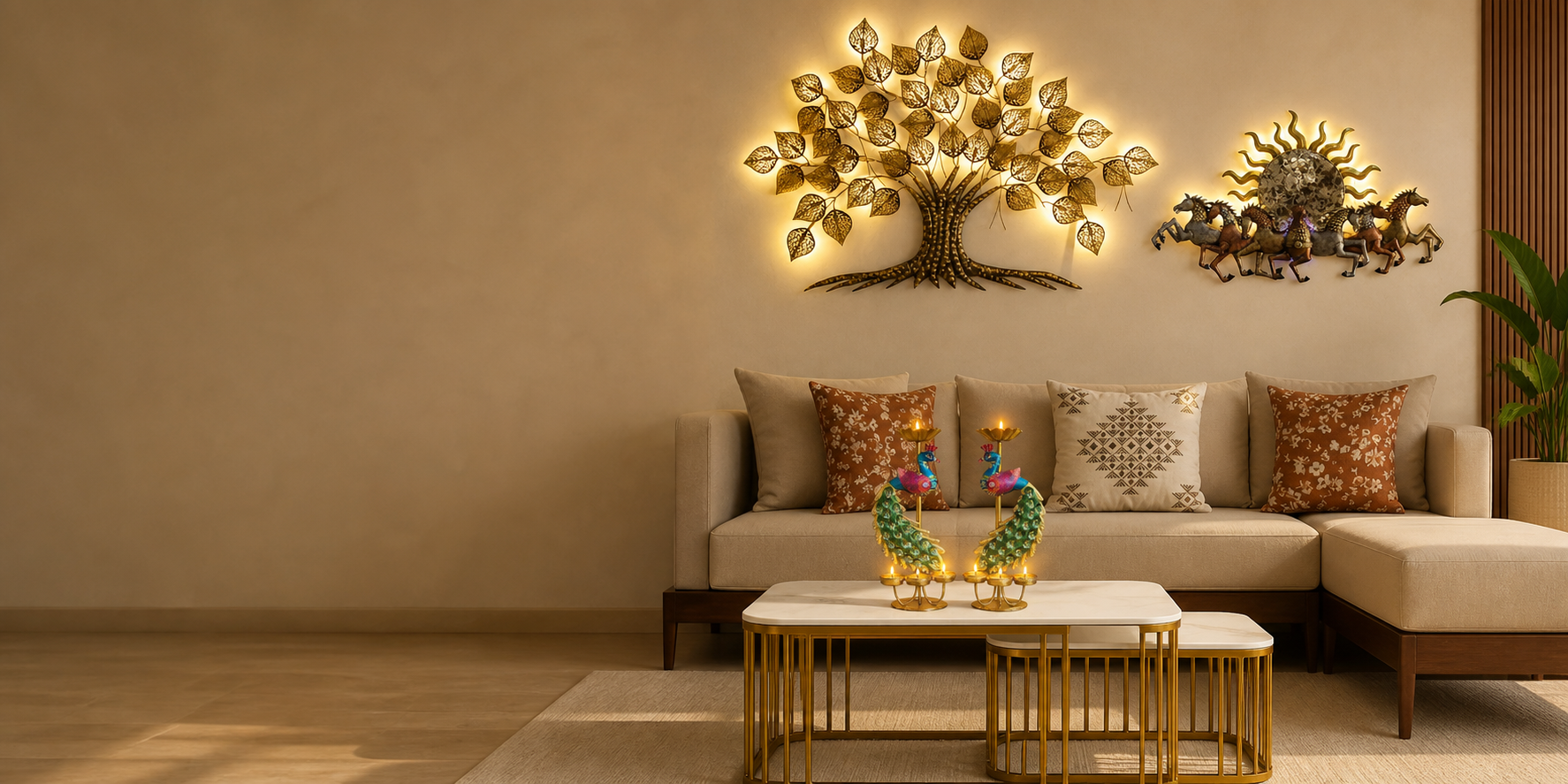 Premium wall decor and handcrafted peacock tealight holders styled in a warm Indian living room